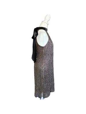 Laundry by Shelli Segal Metalli Gold Shimmer & Black Satin Bow Halter Mini DSz 6 thumbnail 4