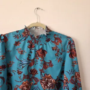SheIn Blue Floral Blouse Top Smocked Ruched High Neck Boho Indie Gypsy Modest Medium thumbnail 3