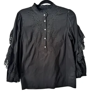 J. Crew Ruffle Sleeve Black Top Embroidered Eyelet Women’s Size Small thumbnail 1