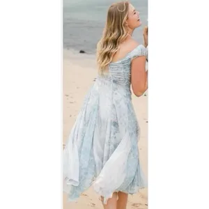 FREE PEOPLE Dress Size 2 Heart to Heart Midi Fairy Ocean Blue Ruched Flowy NWT thumbnail 3