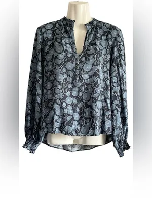 MAEVE by Anthropologie Blue Floral Ruffle-Neck Blouse thumbnail 3