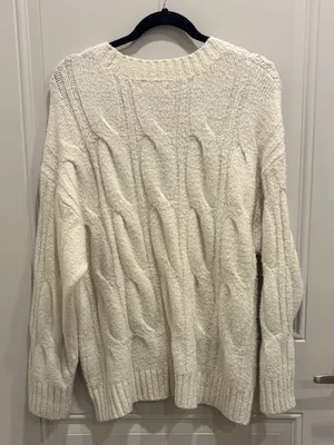 American Eagle Outfitters Cream Cable-Knit Crew Sweater thumbnail 1