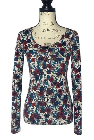 Tezenis Women’s Small Floral Long Sleeve Top Red Blue White Stretch Scoop Neck thumbnail 1