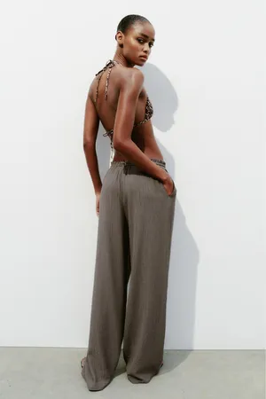 Zara Dark Olive Green Textured Loose Flowy Flare Pants Drawstring Boho Trousers thumbnail 6