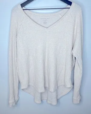 American Eagle Cream Soft & Sexy Plush Waffle‎ Knit V-neck Loungewear Top Size L thumbnail 1