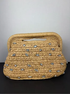 Kelly & Katie Straw Clutch Bag in Natural with crystal embellishments thumbnail 4