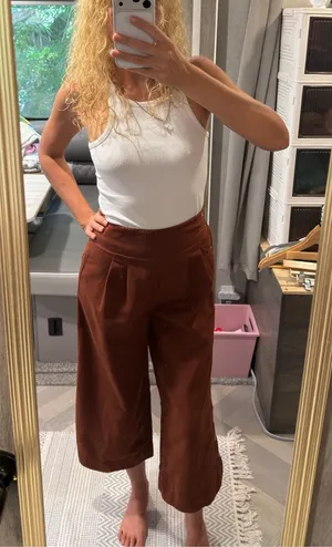 Anthropologie Linen Cotton Button-Trim Wide-Leg Culotte Pants Brown 00 Petite‎ thumbnail 1