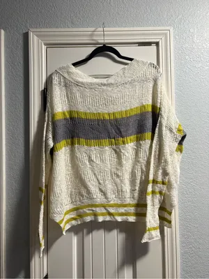 Free People Sweater Womens Large Cream Striped Open Knit Boho Scoop Neck Pullo thumbnail 6
