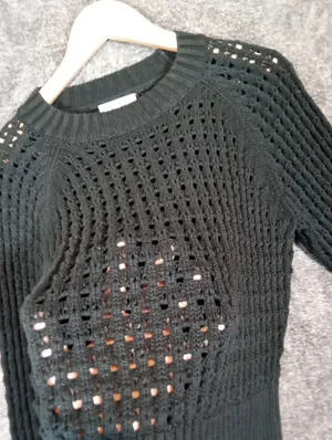 J Crew Pointelle Crewneck Sweater Black Knit Pull Over Boho Fall Womens M thumbnail 5