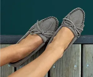 Minnetonka Suede Kilty Hardsole Moccasins Gray Rubber Sole Women's Size 7.5 thumbnail 1