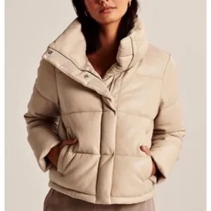 Abercrombie & Fitch Women's Large Cream Vegan Leather Mini Puffer‎ Jacket thumbnail 7