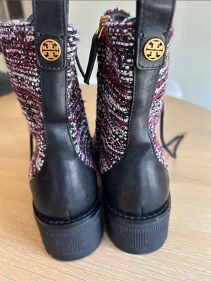 Tory Burch Miller Combat Tweed & Leather Lace Up Booties Burgundy/White 7.5 NWOT thumbnail 4