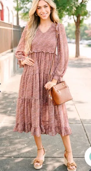 &merci Long Sleeve Floral Tiered Midi Dress in Dusty Rose thumbnail 1