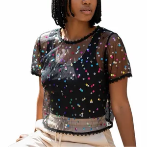 SheIn Black Mesh Boxy Sequin Top Sheer Evening Size 0XL thumbnail 7