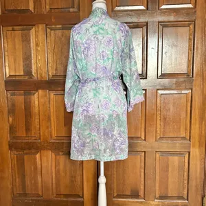 Vtg LA Intimates Robe Large Purple Green Floral Sheer Kimono Cottagecore 80s 90s thumbnail 3