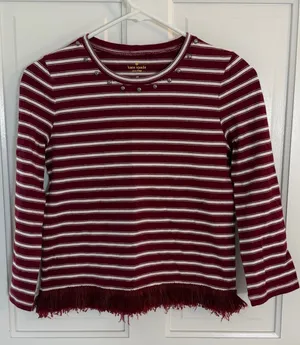 kate spade Burgundy & White Striped Long-Sleeve Top with Fringe thumbnail 1