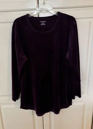 Calvin Klein Womens XL Purple Velour Long Sleeve Crew Neck Top Curved Hem thumbnail 1