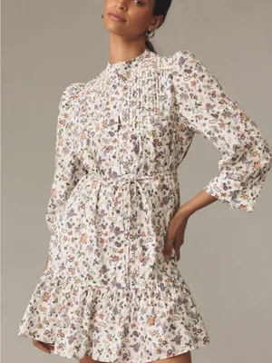 NWT English Factory Floral Pintuck Tie-Waist Mini Dress - White Floral thumbnail 1