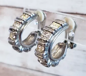 Vintage Clip On Earrings - Elongated Thick Hoops with Gems - Tarnished thumbnail 1