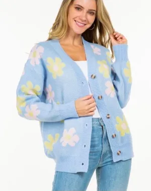 AZ Floral Cardigan Sweater Women L/XL Blue Pastel Cottagecore Fuzzy Button Front thumbnail 1
