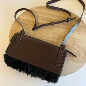 KDB Brown Genuine Cowhide Leather Black Fur Lined Crossbody Small Bag thumbnail 1