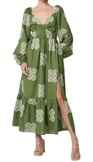 CIEBON Serbita green white Embroidered tiered peasant Dress Size Small Linen thumbnail 1