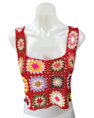 Red Crochet Granny Floral Hollow Out Festival Boho Square Crop Tank Top Size M thumbnail 1