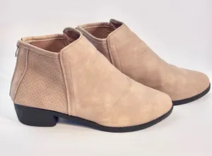 Women's Beige Suede-Look Ankle Booties with Low Block Heel thumbnail 1