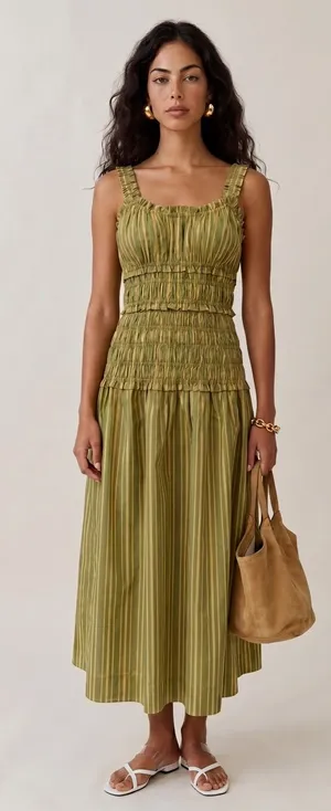 Few Moda o.p.t Freya Size M Green Striped Smocked Fit Flare Midi Cotton Dress thumbnail 1