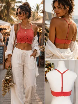 NWT Intimately Free People June T-Strap Back Eyelet Bralette Coral Sz M 💛 thumbnail 2