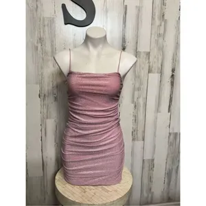 Pink Glitter Ruched Bodycon Mini Dress Spaghetti Strap Party Club Size S thumbnail 3
