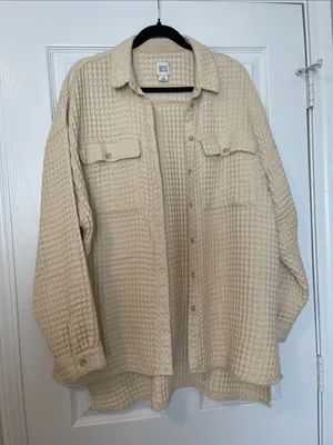 BDG Oversized Waffle-Knit Button Down Shirt in Cream thumbnail 1