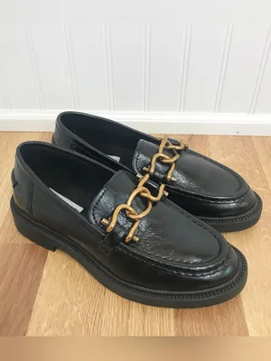 STEVE MADDEN Karmine Black Leather Loafer Size 5‎ Gold Chain Womens Classic thumbnail 2