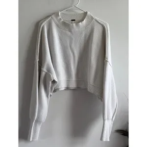 Free People Women Cream Ribbed Knit Cropped Crew Neck Sweater Large 4180 thumbnail 2
