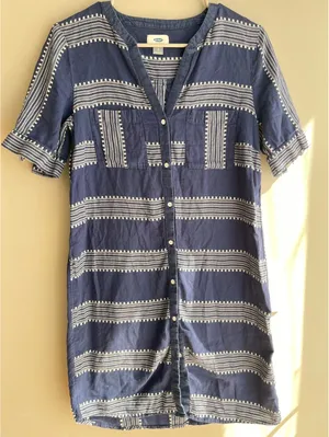 Old Navy Blue & White Geometric Stripe Button-Front Mini Shirt Dress PS thumbnail 1