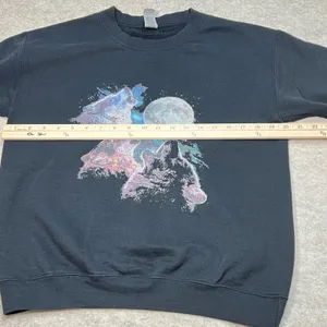 Vintage 90s Y2K Gildan Heavy Blend Howling‎ Wolves Moon Graphic Black Small thumbnail 7