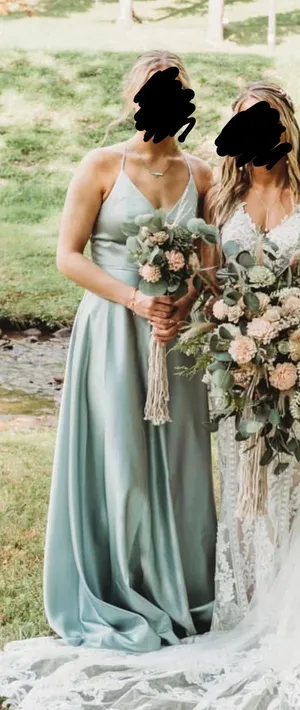David's Bridal Sage Spaghetti Strap Satin Bridesmaid Dress thumbnail 1