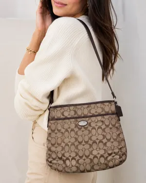 Coach Brown Tan Signature Canvas Crossbody Bag Handbag Purse Leather Trim thumbnail 1