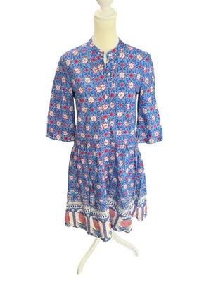 Tuckernuck Blue Floral Block Print Cotton Mini Dress XS Boho Preppy Cottagecore thumbnail 2