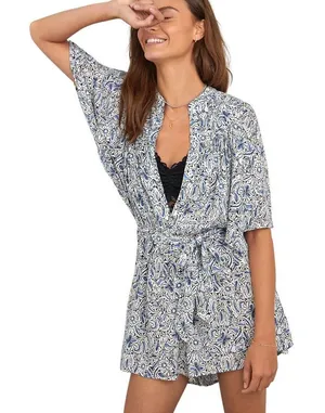Anthropologie Blue Floral Modal Mini Romper Flutter Sleeve Belted Pockets Small‎ thumbnail 1