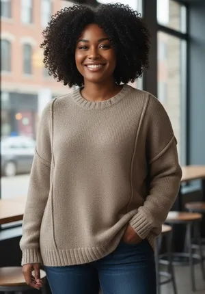 Cozy Women's Beige Crew Neck Sweater Gray Size M thumbnail 1
