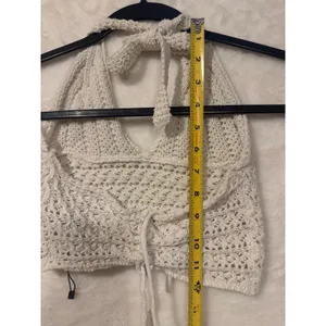 Romwe Crochet Halter Top Cream Boho Knit Lace Up Back Crop Top XS‎ thumbnail 7