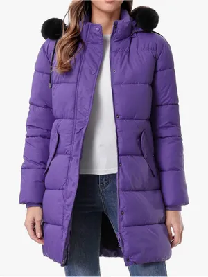 Women's Long Insulated Quilted Winter Puffer Coat Purple Medium Size thumbnail 2