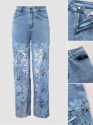 🆕 CHICME | VIRAL Floral Lace-Spliced High Waist Wide-Leg Jeans | Size Large thumbnail 2