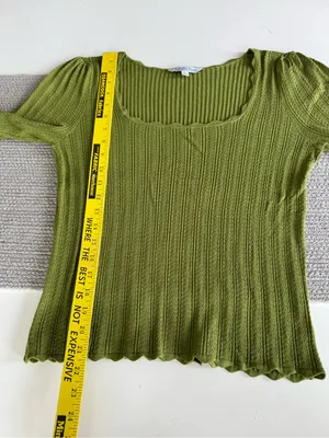 Ophelia Roe Scalloped Square-Neck Ribbed Knit Top in Olive Green Sz Large thumbnail 7