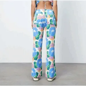 Zara Womens Floral Print Straight Leg Elastic Waist Pants‎ Blue Green Orange M thumbnail 2