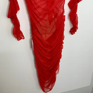 Miss Circle Jimena Red Ruched Mesh Long Sleeve Dress Womens New Medium thumbnail 11