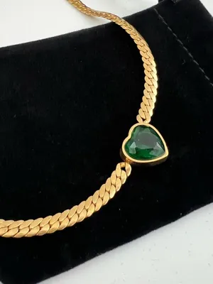 18K Gold Plated Green Heart snake chain Necklace Stainless Steel womens jewelry thumbnail 4