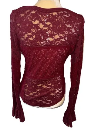 NWT Free People Burgundy Lace Long Sleeve Top M thumbnail 6