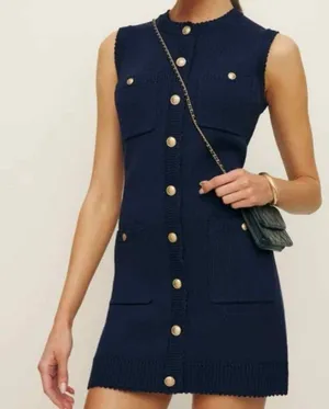 Reformation Catalina Cotton Sweater Mini Dress in Navy Size L thumbnail 3